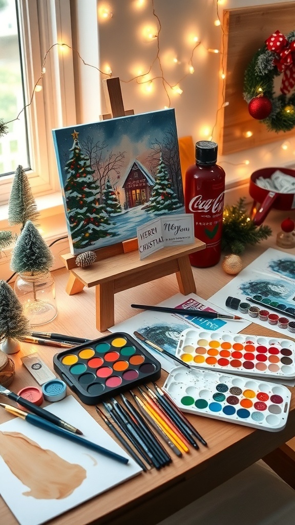 A festive painting setup with Christmas-themed artwork in progress, surrounded by art supplies.